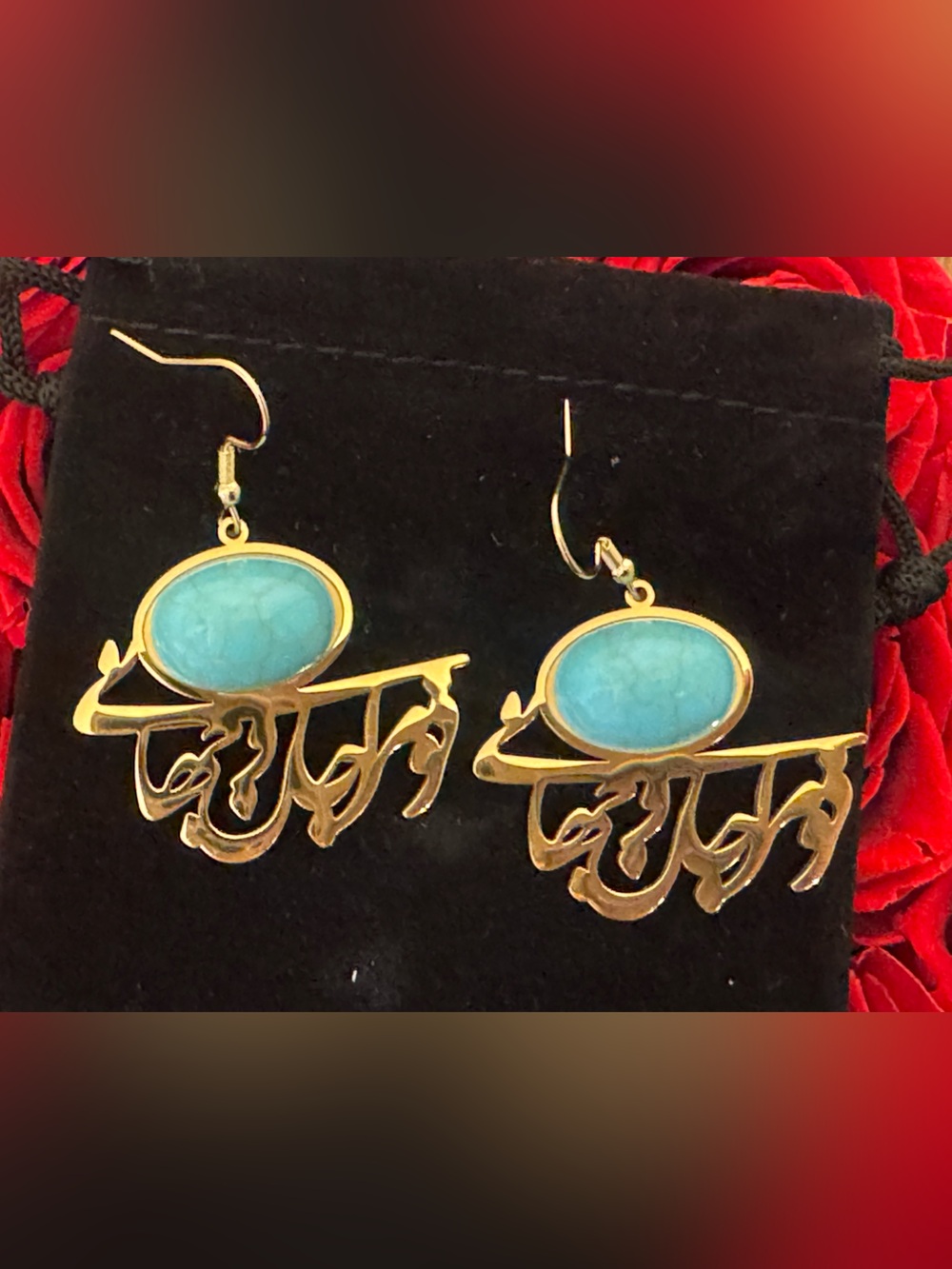 Persian Calligraphy Turquoise Earrings | Stainless Steel Gold Tone